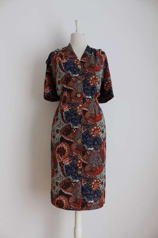 VINTAGE PAISLEY FLORAL BLUE BROWN FITTED DAY DRESS - SIZE 16