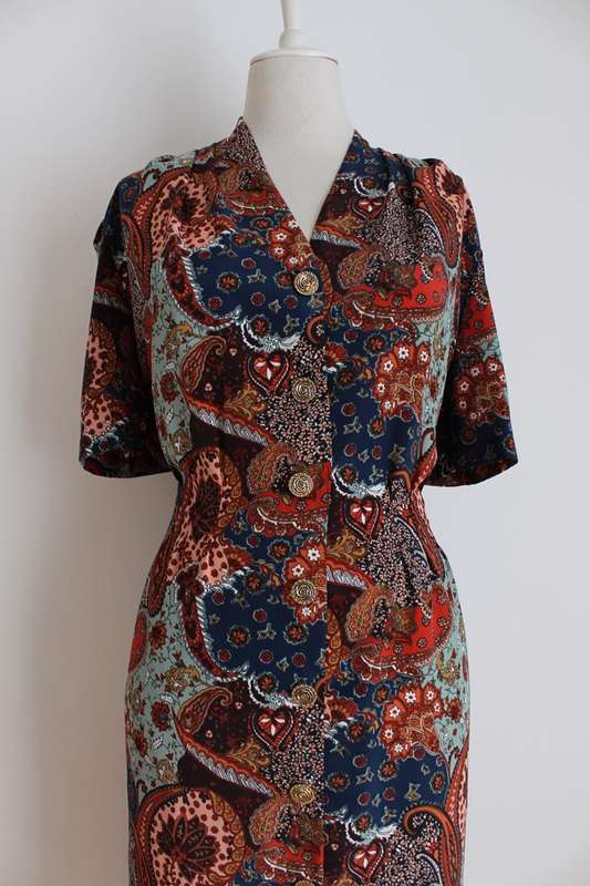 VINTAGE PAISLEY FLORAL BLUE BROWN FITTED DAY DRESS - SIZE 16