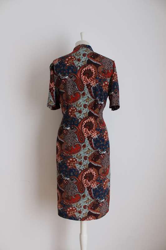 VINTAGE PAISLEY FLORAL BLUE BROWN FITTED DAY DRESS - SIZE 16