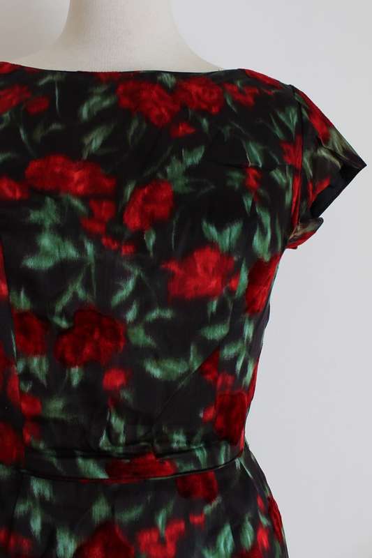 VINTAGE SATIN FLORAL PRINT BLACK RED COCKTAIL DRESS - SIZE 10