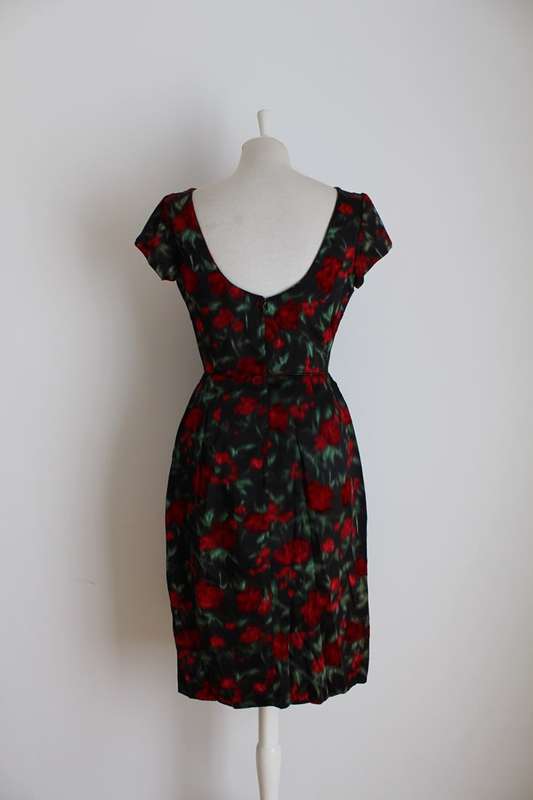 VINTAGE SATIN FLORAL PRINT BLACK RED COCKTAIL DRESS - SIZE 10