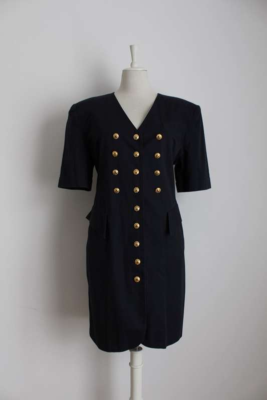 VINTAGE BUTTON FRONT NAVY DRESS - SIZE 14