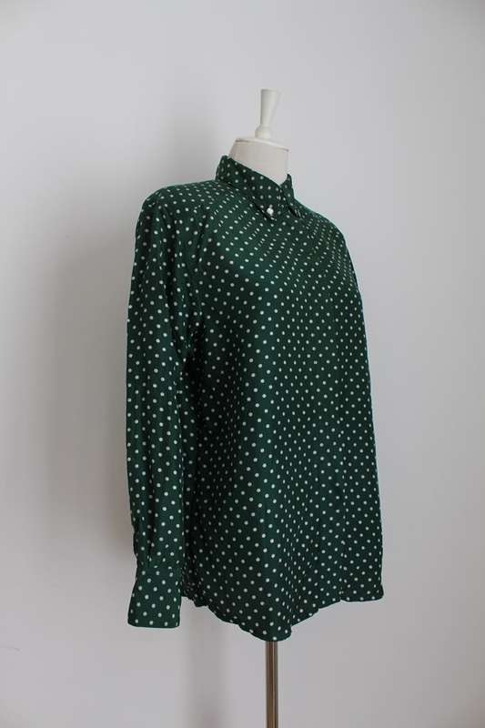 *THERESA KONIG* DESIGNER VINTAGE 100% SILK GREEN POLKA DOT SHIRT BLOUSE - SIZE 14