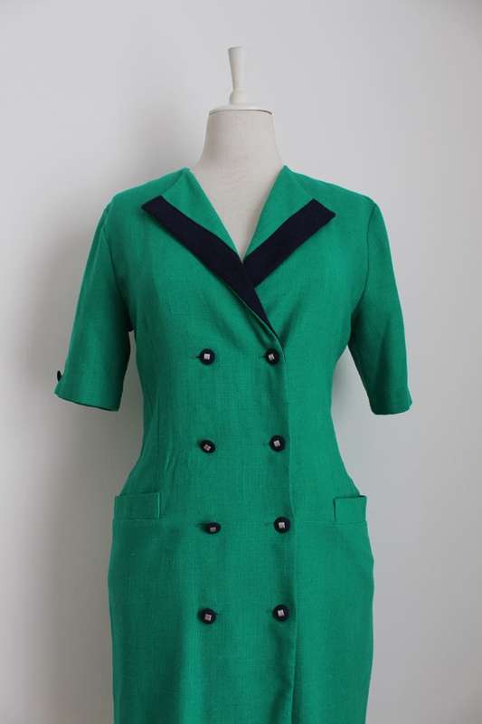 VINTAGE EMERALD GREEN NAVY DOUBLE BREASTED BUTTON DOWN DRESS - SIZE 10