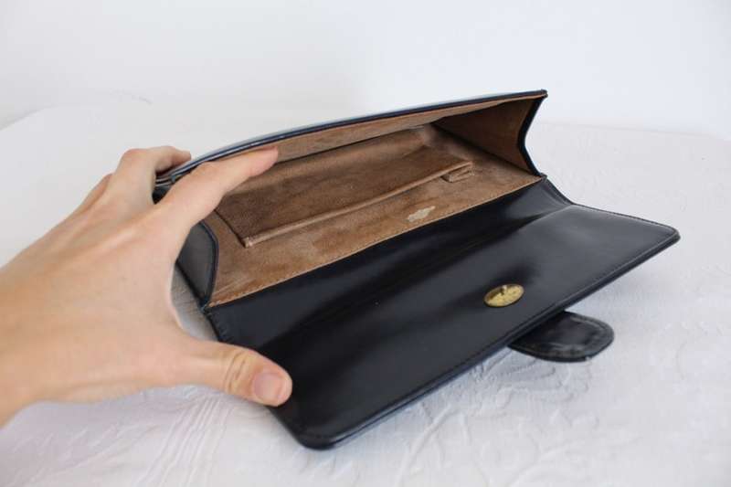 GENUINE PATENT LEATHER VINTAGE NAVY BLUE CLUTCH BAG PURSE