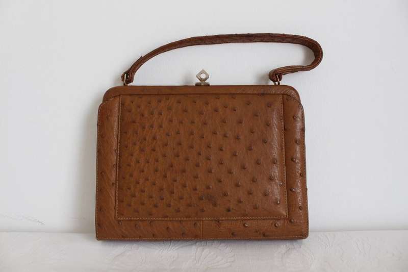 *GENUINE OSTRICH SKIN* VINTAGE LEATHER BROWN HANDBAG BAG
