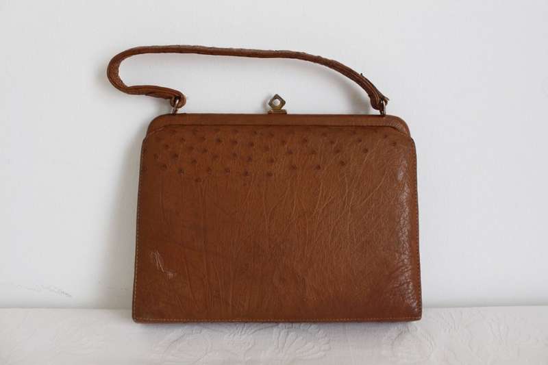 *GENUINE OSTRICH SKIN* VINTAGE LEATHER BROWN HANDBAG BAG