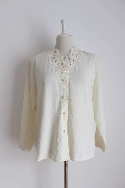 VINTAGE EMBROIDERED CREAM LONG SLEEVE BLOUSE SHIRT TOP - SIZE 14