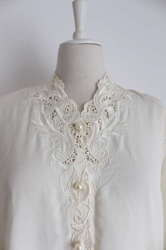 VINTAGE EMBROIDERED CREAM LONG SLEEVE BLOUSE SHIRT TOP - SIZE 14