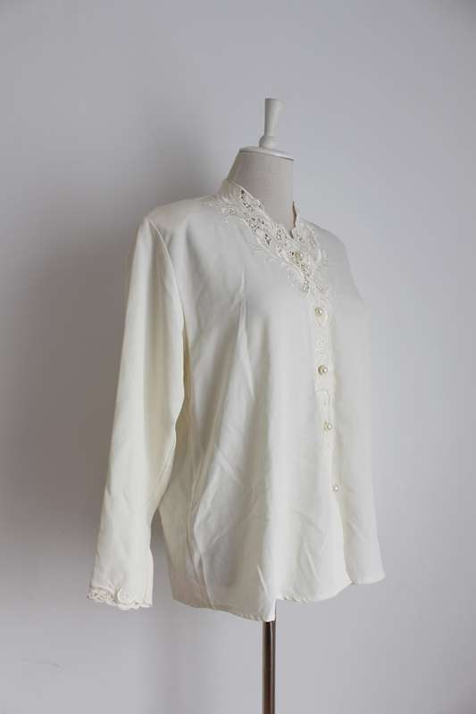VINTAGE EMBROIDERED CREAM LONG SLEEVE BLOUSE SHIRT TOP - SIZE 14