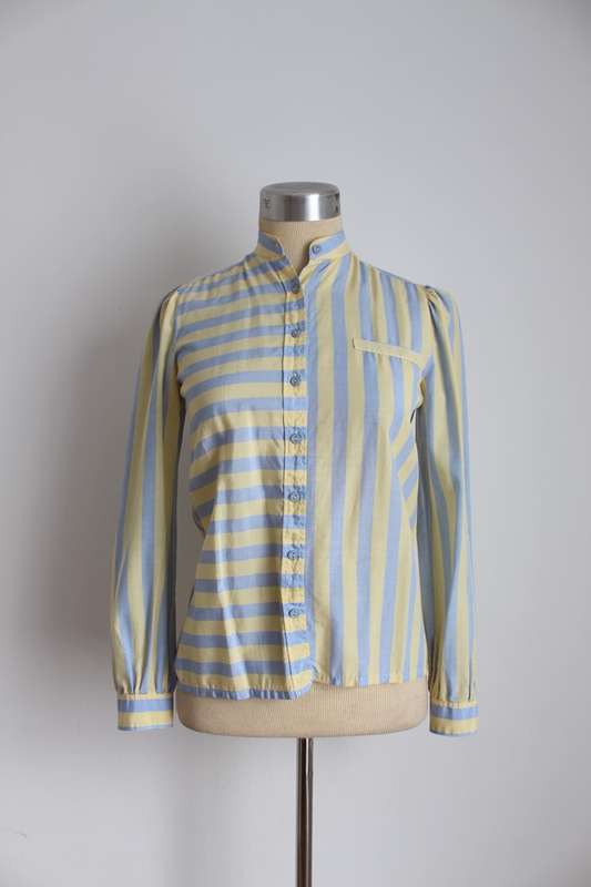 VINTAGE GREEN BLUE STRIPED BLOUSE SHIRT TOP - SIZE 6