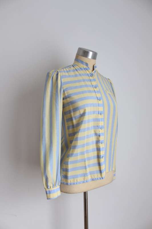VINTAGE GREEN BLUE STRIPED BLOUSE SHIRT TOP - SIZE 6