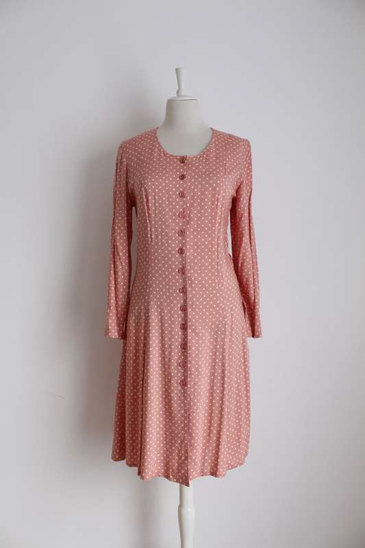 VINTAGE PINK WHITE POLKA DOT BUTTON DOWN DAY DRESS - SIZE 10