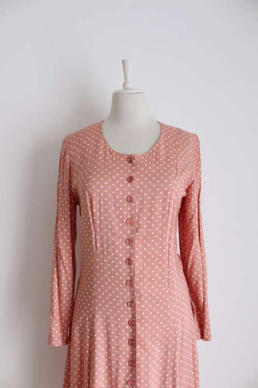 VINTAGE PINK WHITE POLKA DOT BUTTON DOWN DAY DRESS - SIZE 10