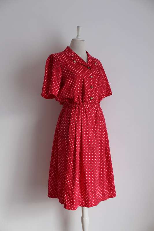 VINTAGE POLKA DOT PRINT HOT PINK WHITE DAY DRESS - SIZE 12