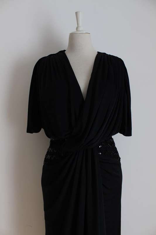 VINTAGE BLACK GATHERED FRONT SEQUINED COCKTAIL PARTY DRESS - SIZE 12