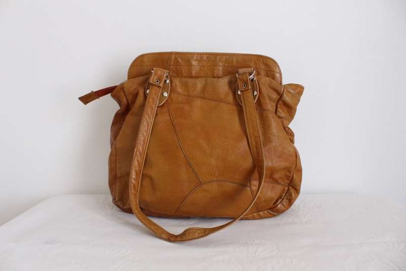 GENUINE LEATHER VINTAGE TAN BROWN PATCH SHOULDER HANDBAG BAG TOTE