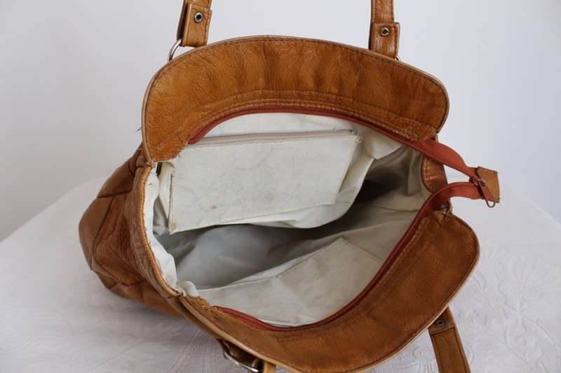 GENUINE LEATHER VINTAGE TAN BROWN PATCH SHOULDER HANDBAG BAG TOTE