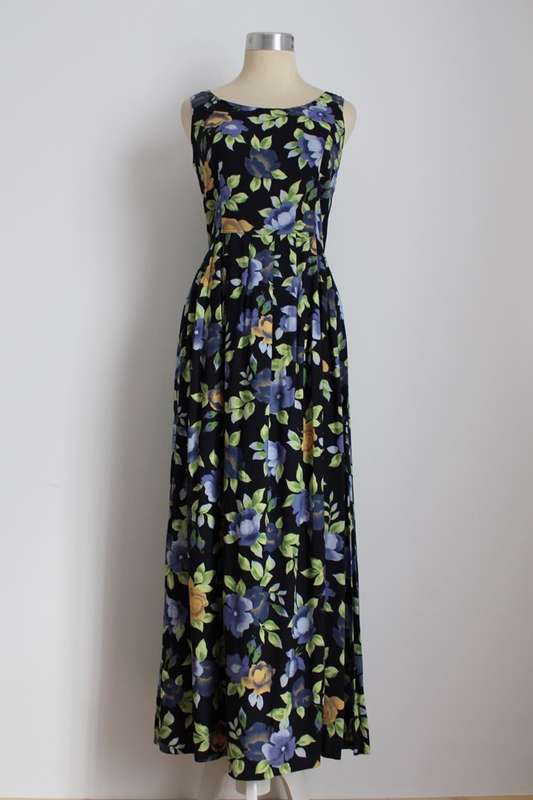 VINTAGE FLORAL NAVY BLUE PLEATED MAXI DRESS - SIZE 8
