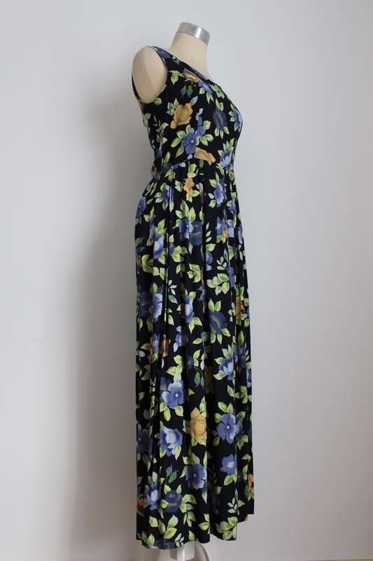 VINTAGE FLORAL NAVY BLUE PLEATED MAXI DRESS - SIZE 8
