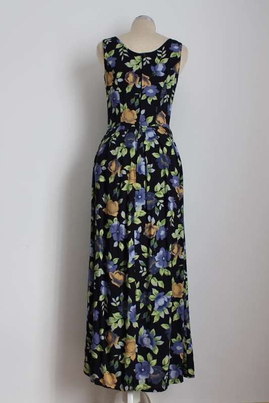 VINTAGE FLORAL NAVY BLUE PLEATED MAXI DRESS - SIZE 8