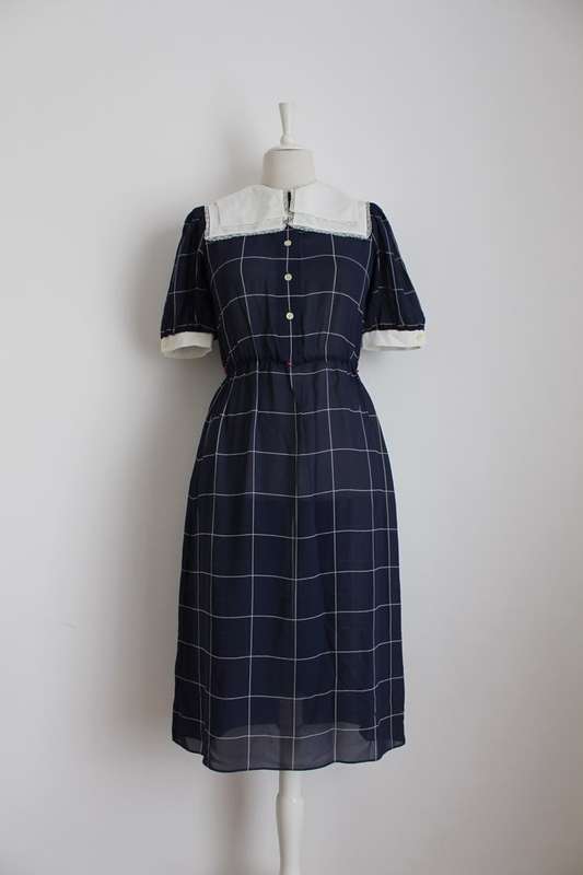 VINTAGE NAVY WHITE CHECK LACE DAY DRESS - SIZE 8