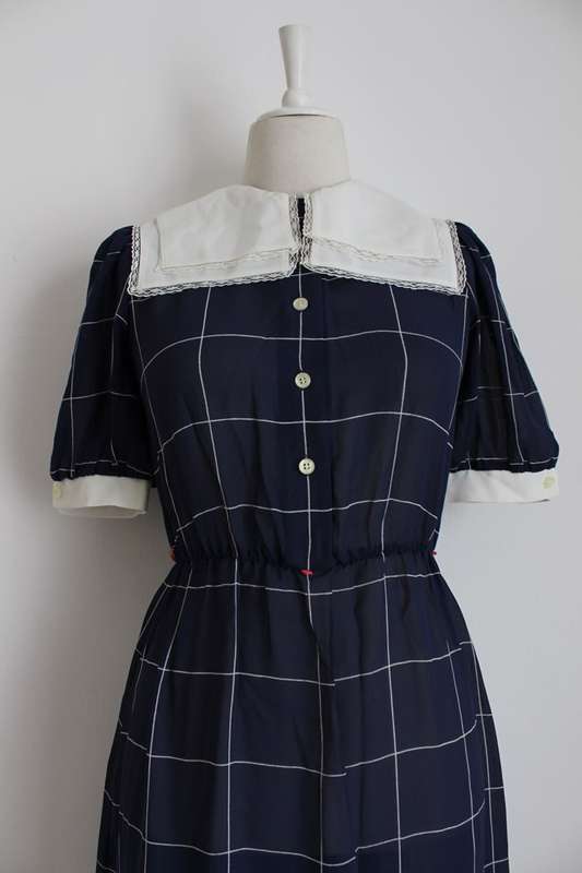 VINTAGE NAVY WHITE CHECK LACE DAY DRESS - SIZE 8