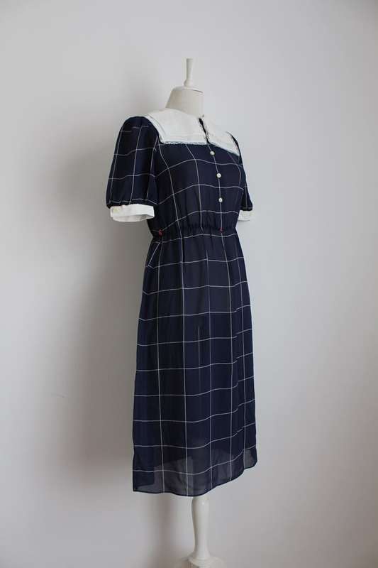 VINTAGE NAVY WHITE CHECK LACE DAY DRESS - SIZE 8