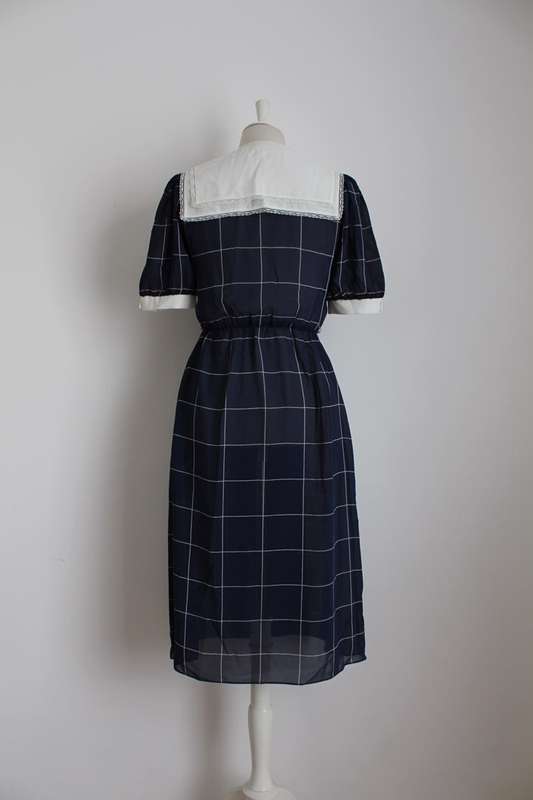 VINTAGE NAVY WHITE CHECK LACE DAY DRESS - SIZE 8