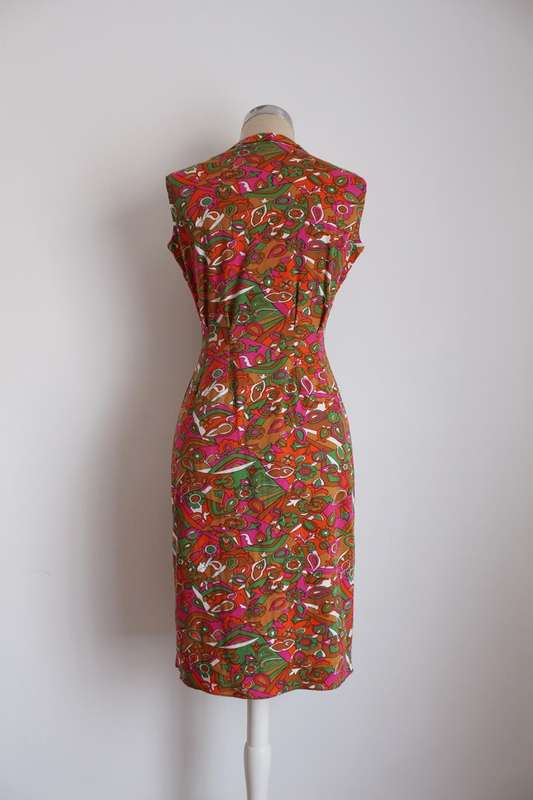 VINTAGE BRIGHT MULTICOLOURED SLEEVELESS HIGH COLLAR DRESS - SIZE 12