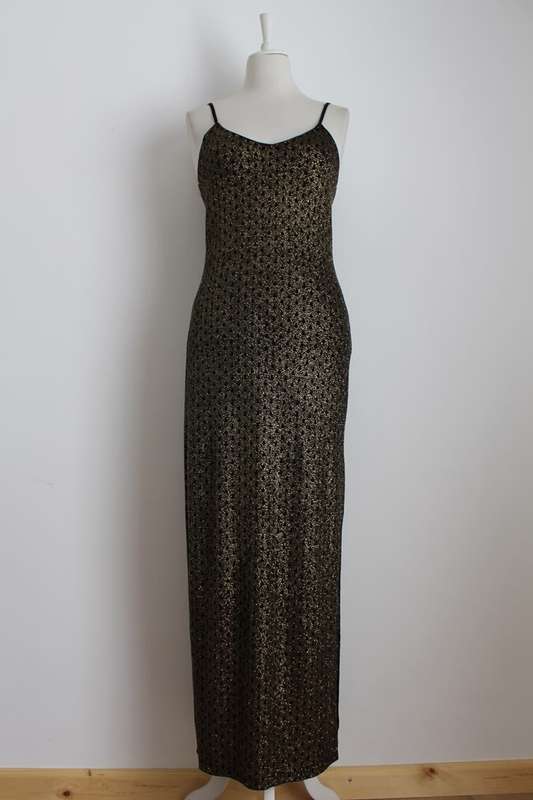 VINTAGE GOLD GLITTER BLACK MAXI EVENING DRESS GOWN - SIZE LARGE