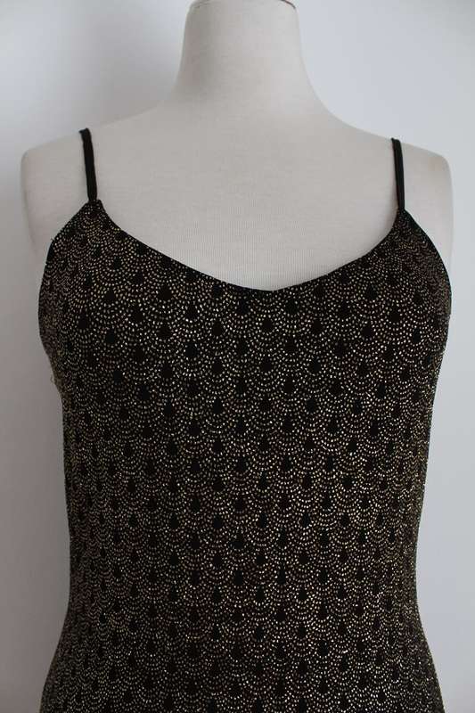 VINTAGE GOLD GLITTER BLACK MAXI EVENING DRESS GOWN - SIZE LARGE
