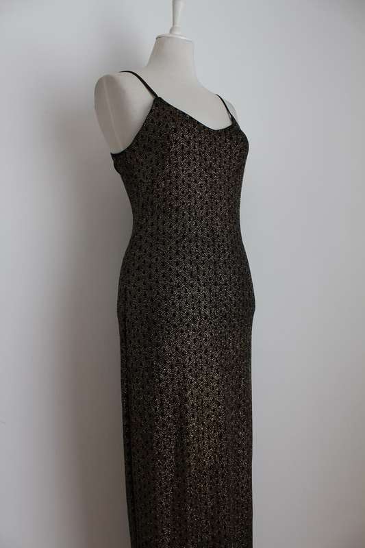 VINTAGE GOLD GLITTER BLACK MAXI EVENING DRESS GOWN - SIZE LARGE
