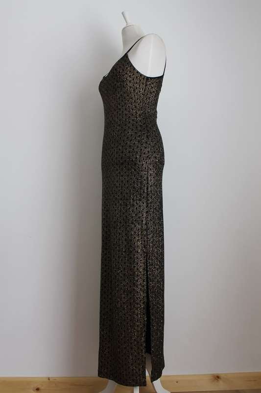 VINTAGE GOLD GLITTER BLACK MAXI EVENING DRESS GOWN - SIZE LARGE