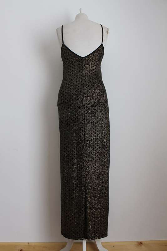 VINTAGE GOLD GLITTER BLACK MAXI EVENING DRESS GOWN - SIZE LARGE