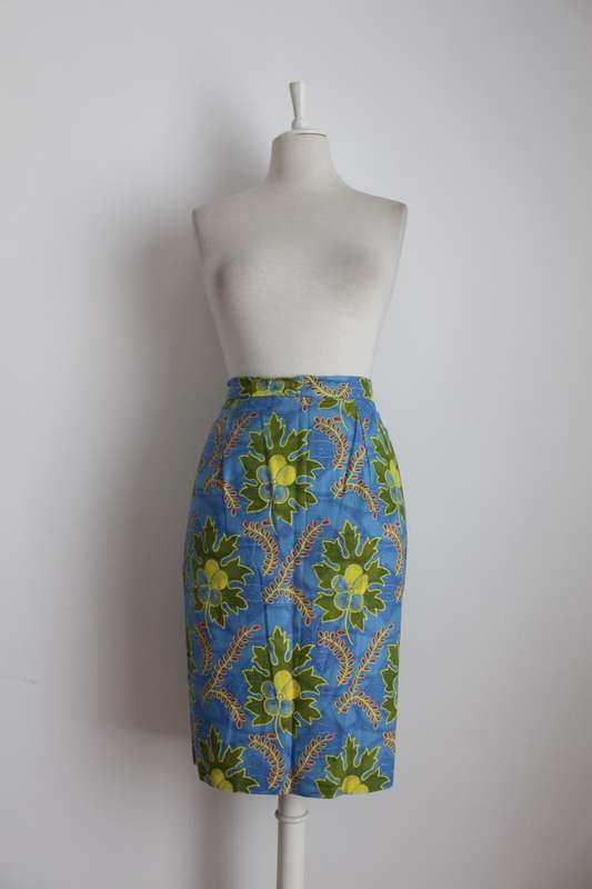 VINTAGE AFRICAN ETHNIC GREEN BLUE PRINT COTTON PAGNE PENCIL SKIRT - SIZE 14