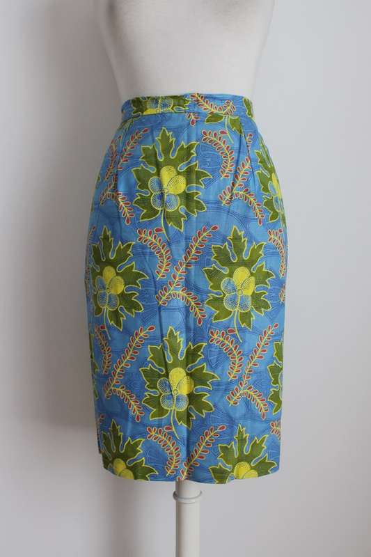 VINTAGE AFRICAN ETHNIC GREEN BLUE PRINT COTTON PAGNE PENCIL SKIRT - SIZE 14
