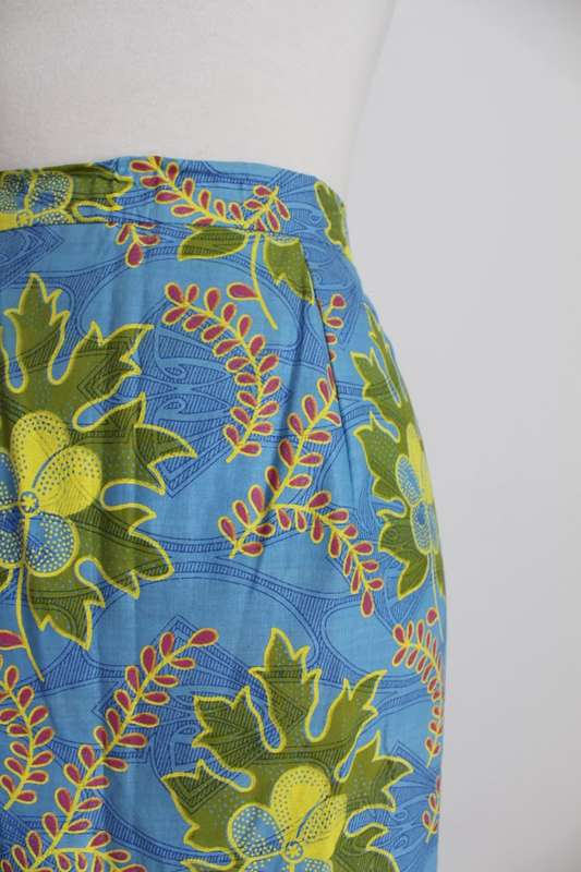 VINTAGE AFRICAN ETHNIC GREEN BLUE PRINT COTTON PAGNE PENCIL SKIRT - SIZE 14