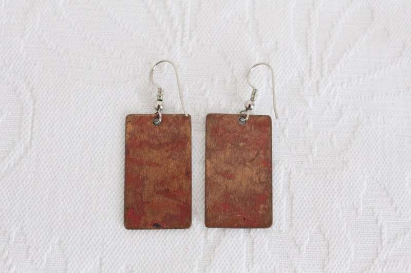 VINTAGE ENAMEL PAINTED COPPER RECTANGLE DROP EARRINGS