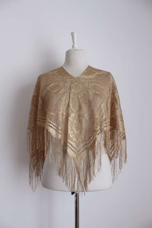 VINTAGE GOLD LACE FRINGED SHAWL TOP - ONE SIZE