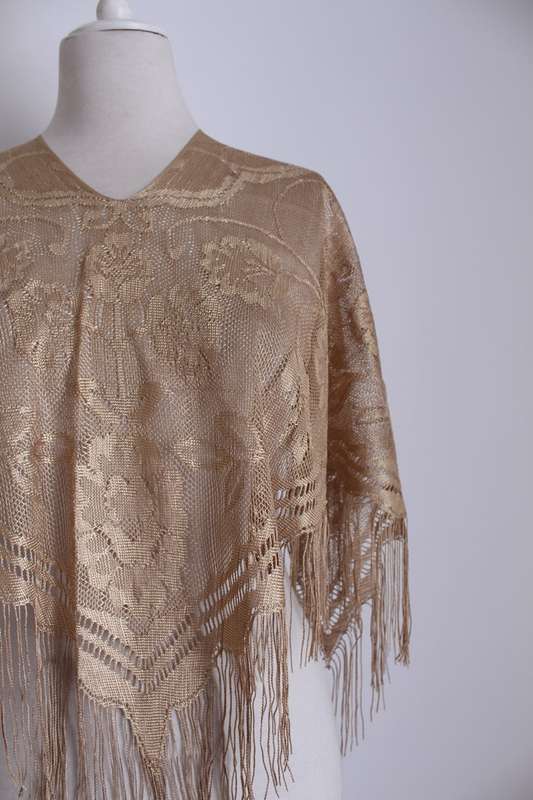 VINTAGE GOLD LACE FRINGED SHAWL TOP - ONE SIZE