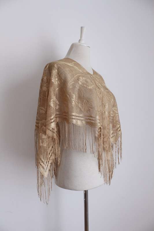 VINTAGE GOLD LACE FRINGED SHAWL TOP - ONE SIZE