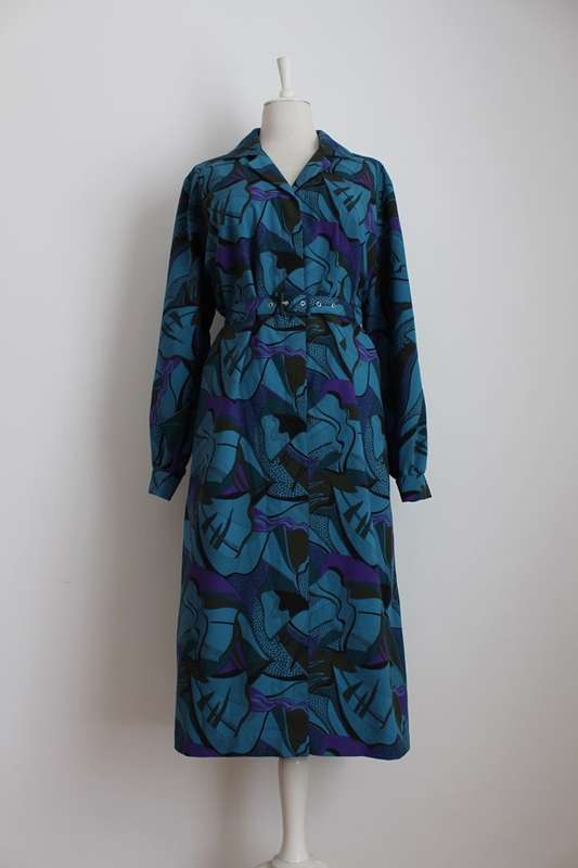 VINTAGE BLUE ABSTRACT PRINT LONG SLEEVE BELTED DAY DRESS - SIZE 20