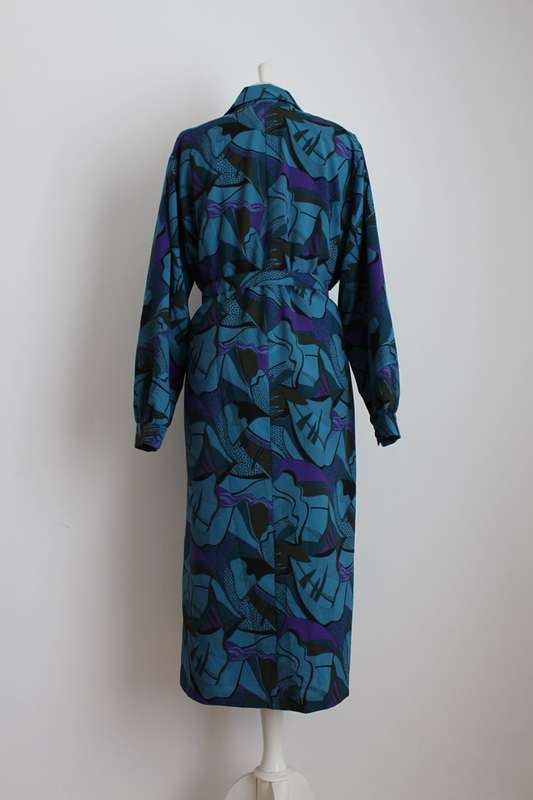 VINTAGE BLUE ABSTRACT PRINT LONG SLEEVE BELTED DAY DRESS - SIZE 20