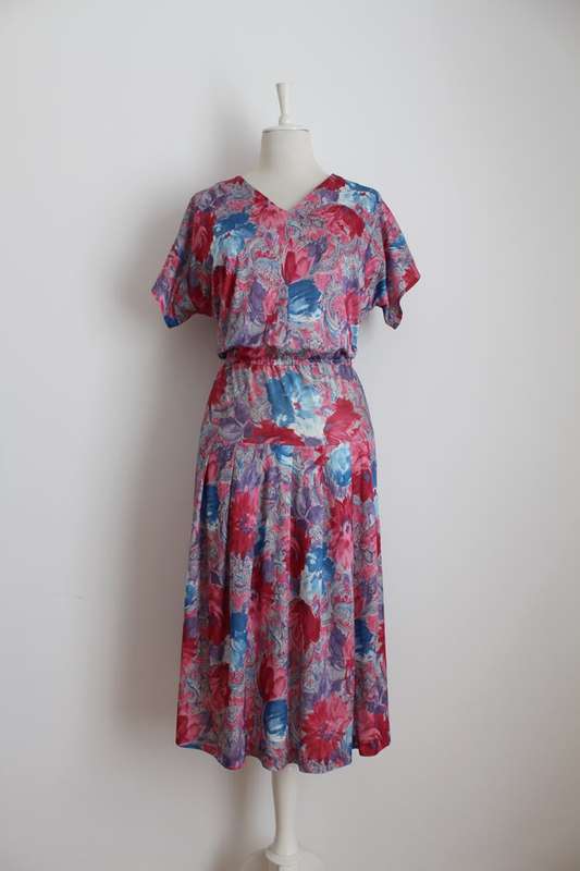 VINTAGE FLORAL PRINT PINK BLUE PLEATED DAY DRESS - SIZE 16