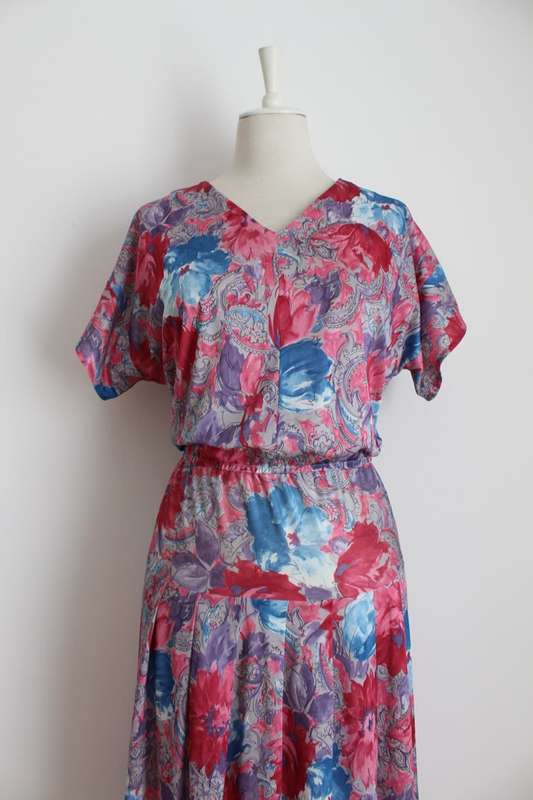 VINTAGE FLORAL PRINT PINK BLUE PLEATED DAY DRESS - SIZE 16