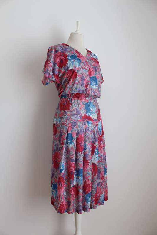 VINTAGE FLORAL PRINT PINK BLUE PLEATED DAY DRESS - SIZE 16