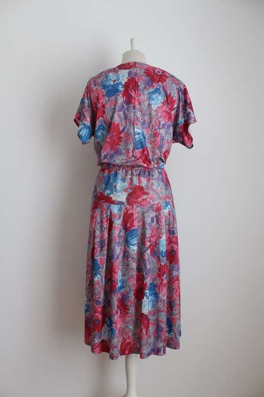 VINTAGE FLORAL PRINT PINK BLUE PLEATED DAY DRESS - SIZE 16