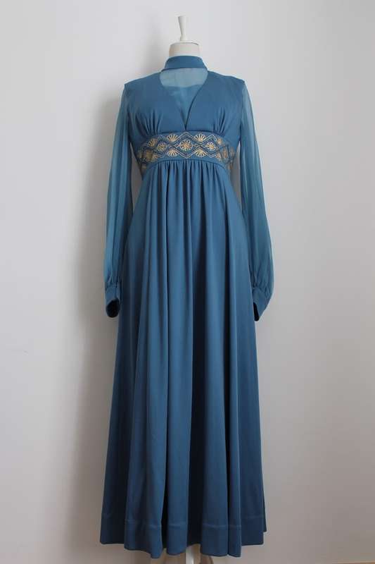 VINTAGE BLUE GOLD SHEER SLEEVES EVENING DRESS GOWN - SIZE 12