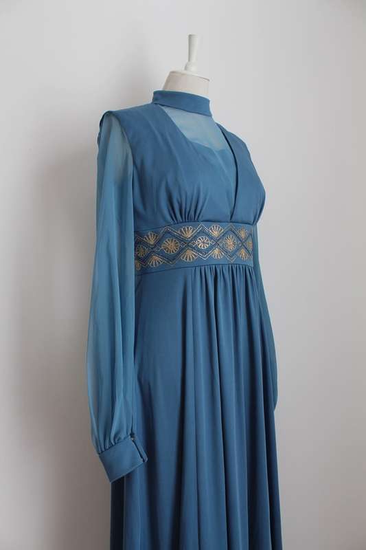 VINTAGE BLUE GOLD SHEER SLEEVES EVENING DRESS GOWN - SIZE 12